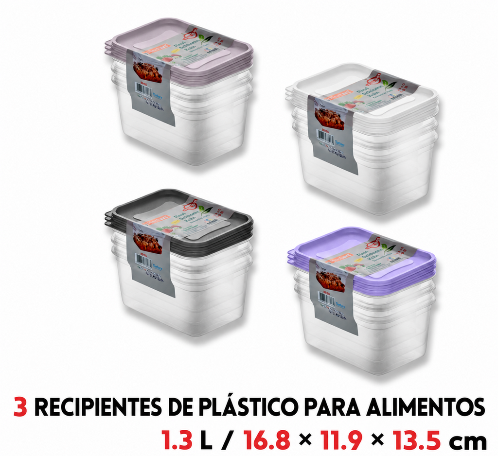 3 recipientes de plástico para alimentos 1.3 l