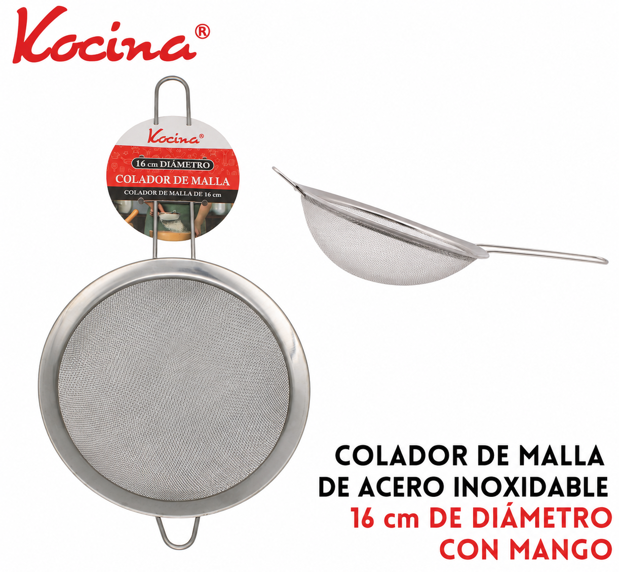 Colador de malla de acero inoxidable 16cm con mango